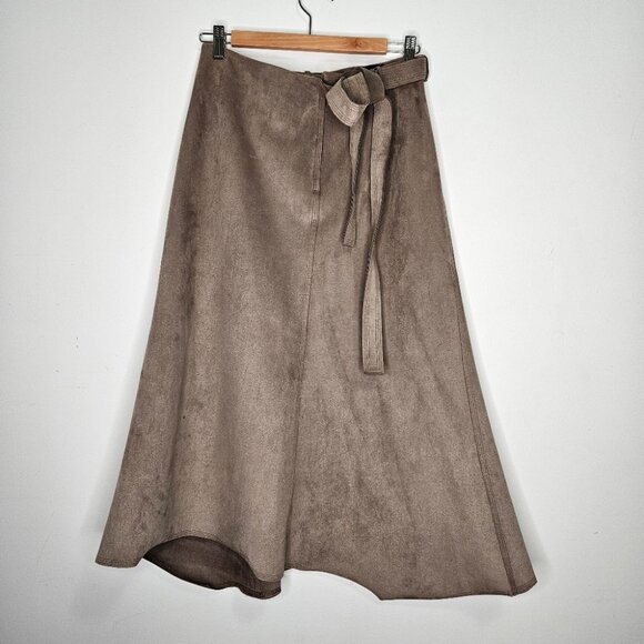 Aritzia Babaton Cecily Faux Suede  A-Line Midi Skirt Sz 4 Taupe Self-tie belt - Picture 2 of 13